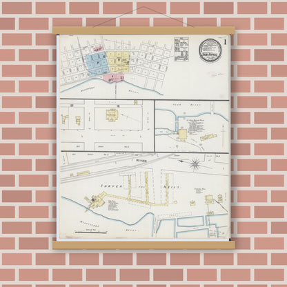 Old map wall art mockup — magnetic wood frame on brick wall — Sanborn Fire Insurance Map from Sauk Rapids, Benton County, Minnesota (1889) - Complete Map Set