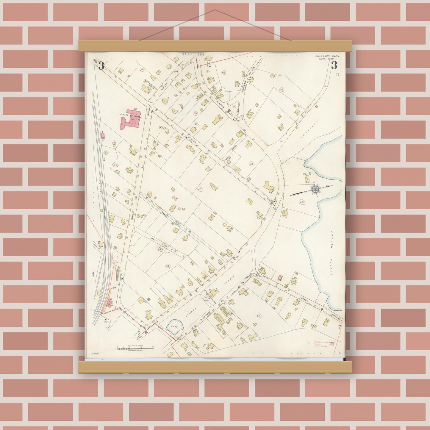 Old map wall art mockup — magnetic wood frame on brick wall — Sanborn Fire Insurance Map from Cohasset, Norfolk County, Massachusetts (1940), Sheet #0003