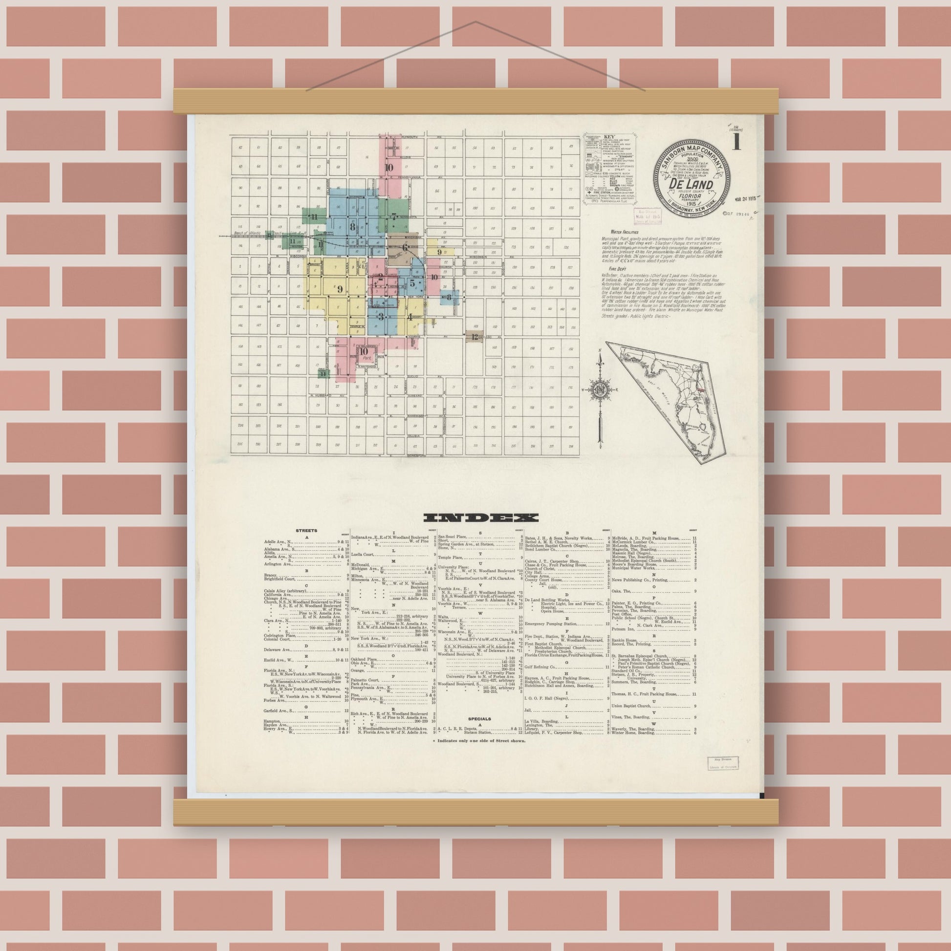 Old map wall art mockup — magnetic wood frame on brick wall — Sanborn Fire Insurance Map from De Land, Volusia County, Florida (1915) - Complete Map Set