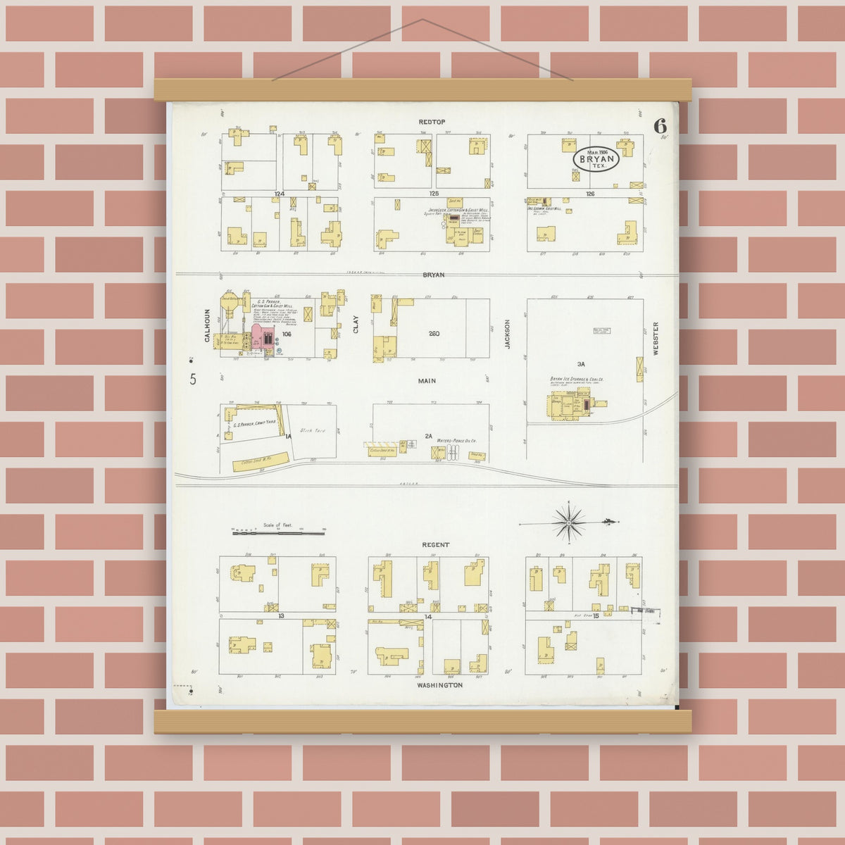 Old map wall art mockup — magnetic wood frame on brick wall — Sanborn Fire Insurance Map from Bryan, Brazos County, Texas (1906), Sheet #0006