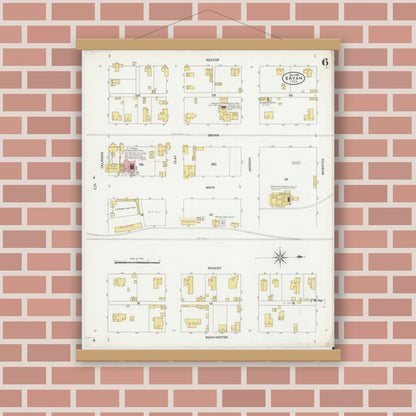 Old map wall art mockup — magnetic wood frame on brick wall — Sanborn Fire Insurance Map from Bryan, Brazos County, Texas (1906), Sheet #0006
