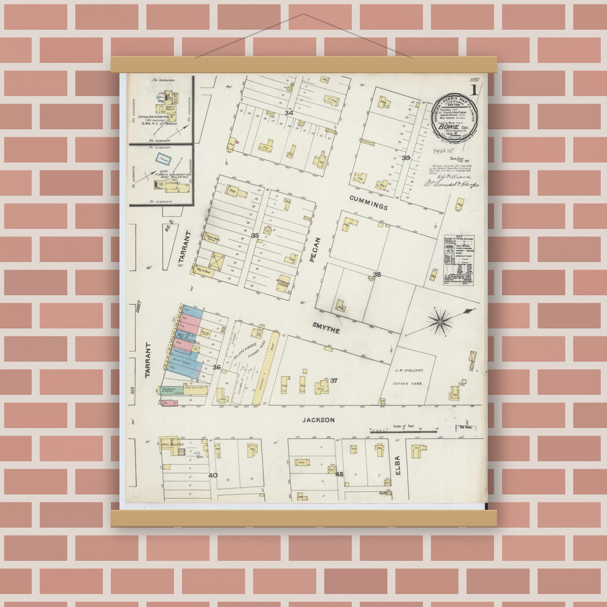 Old map wall art mockup — magnetic wood frame on brick wall — Sanborn Fire Insurance Map from Bowie, Montague County, Texas (1891) - Complete Map Set