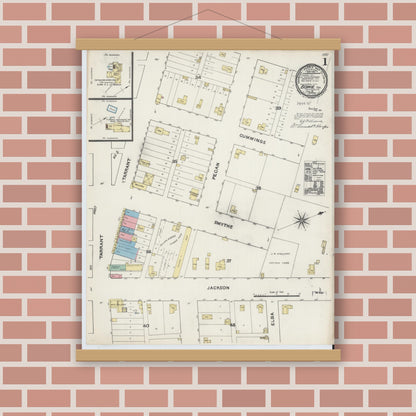 Old map wall art mockup — magnetic wood frame on brick wall — Sanborn Fire Insurance Map from Bowie, Montague County, Texas (1891) - Complete Map Set