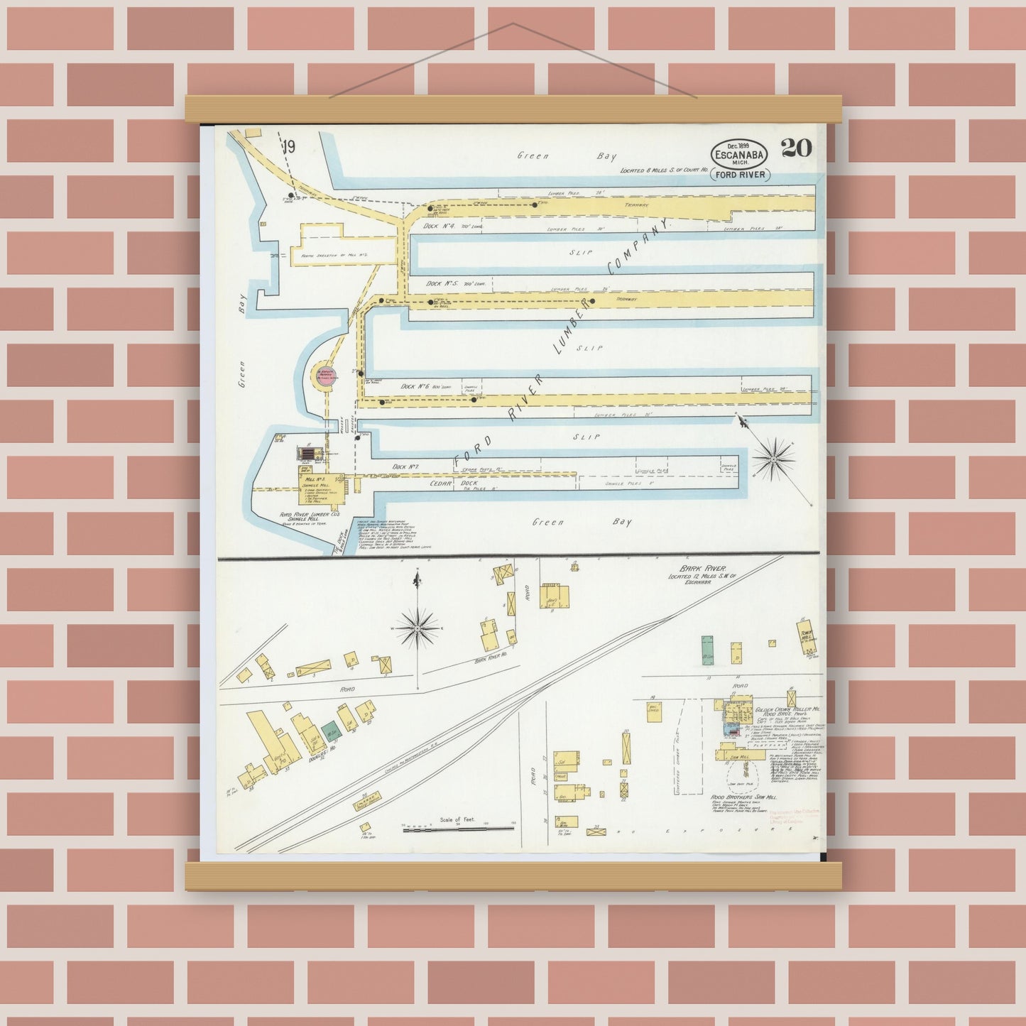 Old map wall art mockup — magnetic wood frame on brick wall — Sanborn Fire Insurance Map from Escanaba, Delta County, Michigan (1899), Sheet #0020