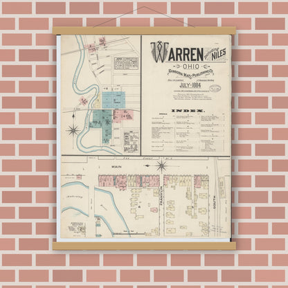 Old map wall art mockup — magnetic wood frame on brick wall — Sanborn Fire Insurance Map from Warren, Trumbull County, Ohio (1884) - Complete Map Set
