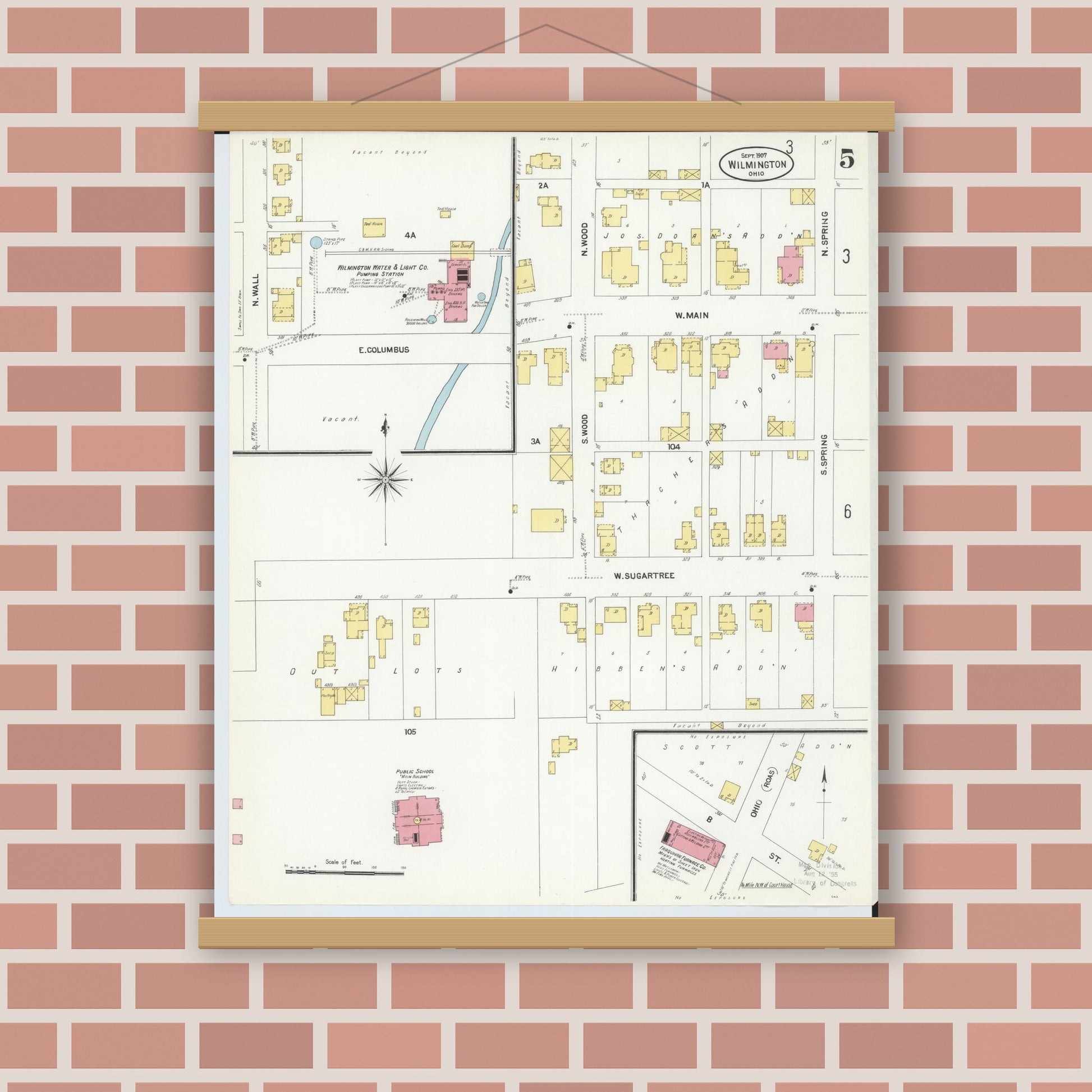 Old map wall art mockup — magnetic wood frame on brick wall — Sanborn Fire Insurance Map from Wilmington, Clinton County, Ohio (1907), Sheet #0005