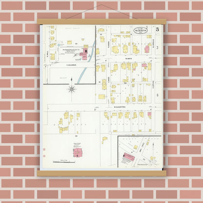 Old map wall art mockup — magnetic wood frame on brick wall — Sanborn Fire Insurance Map from Wilmington, Clinton County, Ohio (1907), Sheet #0005
