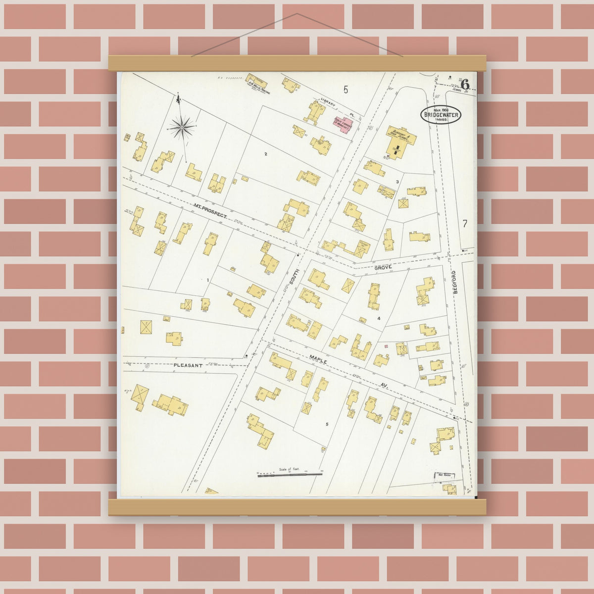 Old map wall art mockup — magnetic wood frame on brick wall — Sanborn Fire Insurance Map from Bridgewater, Plymouth County, Massachusetts (1906), Sheet #0006