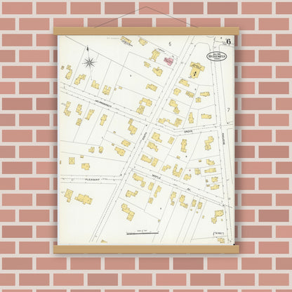 Old map wall art mockup — magnetic wood frame on brick wall — Sanborn Fire Insurance Map from Bridgewater, Plymouth County, Massachusetts (1906), Sheet #0006