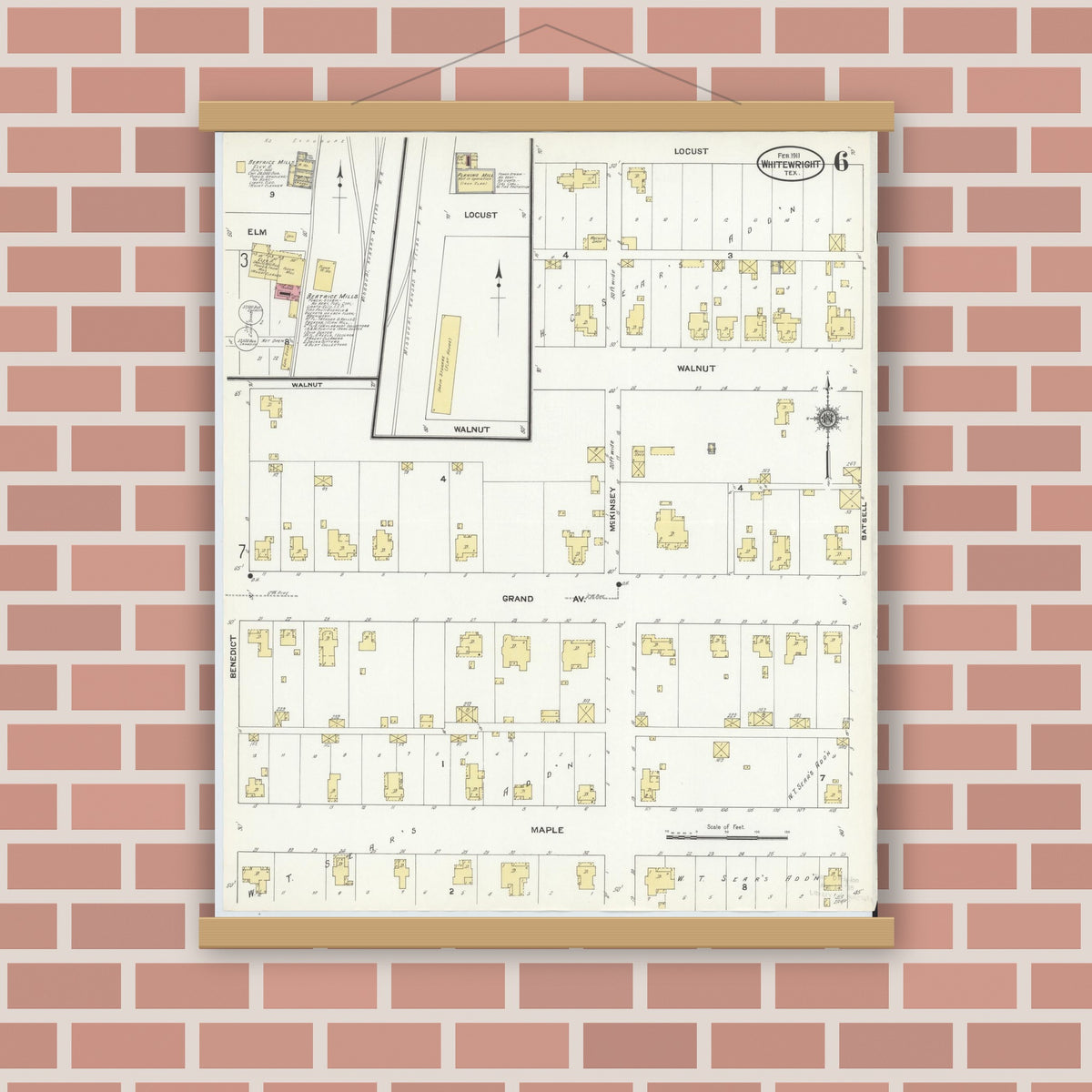 Old map wall art mockup — magnetic wood frame on brick wall — Sanborn Fire Insurance Map from Whitewright, Grayson County, Texas (1911), Sheet #0006