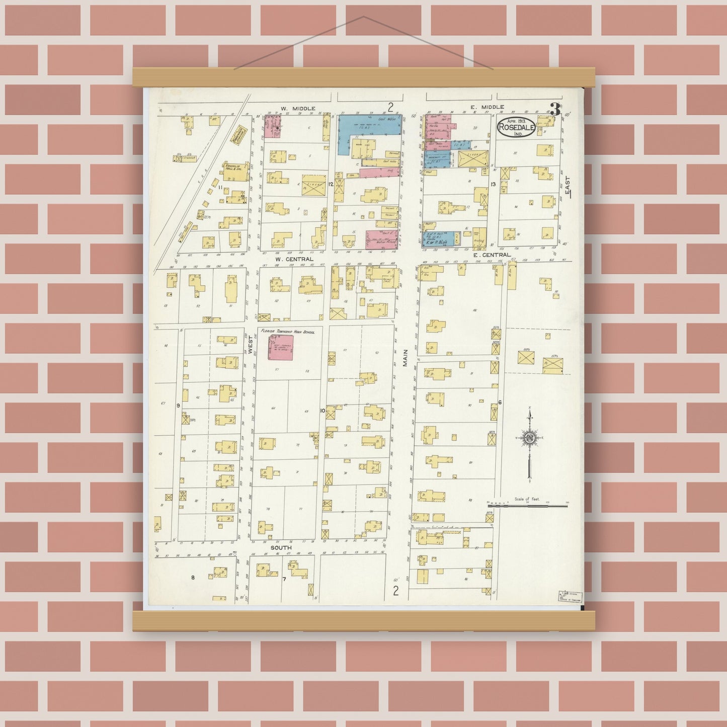 Old map wall art mockup — magnetic wood frame on brick wall — Sanborn Fire Insurance Map from Rosedale, Parke County, Indiana (1913), Sheet #0003