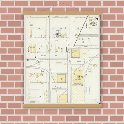 Old map wall art mockup — magnetic wood frame on brick wall — Sanborn Fire Insurance Map from Terrell, Kaufman County, Texas (1897), Sheet #0009