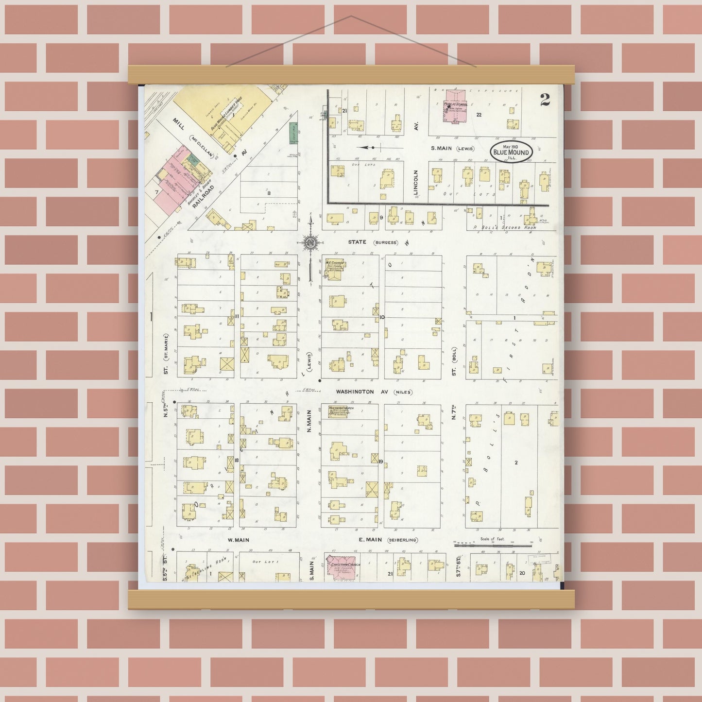 Old map wall art mockup — magnetic wood frame on brick wall — Sanborn Fire Insurance Map from Blue Mound, Macon County, Illinois (1910), Sheet #0002