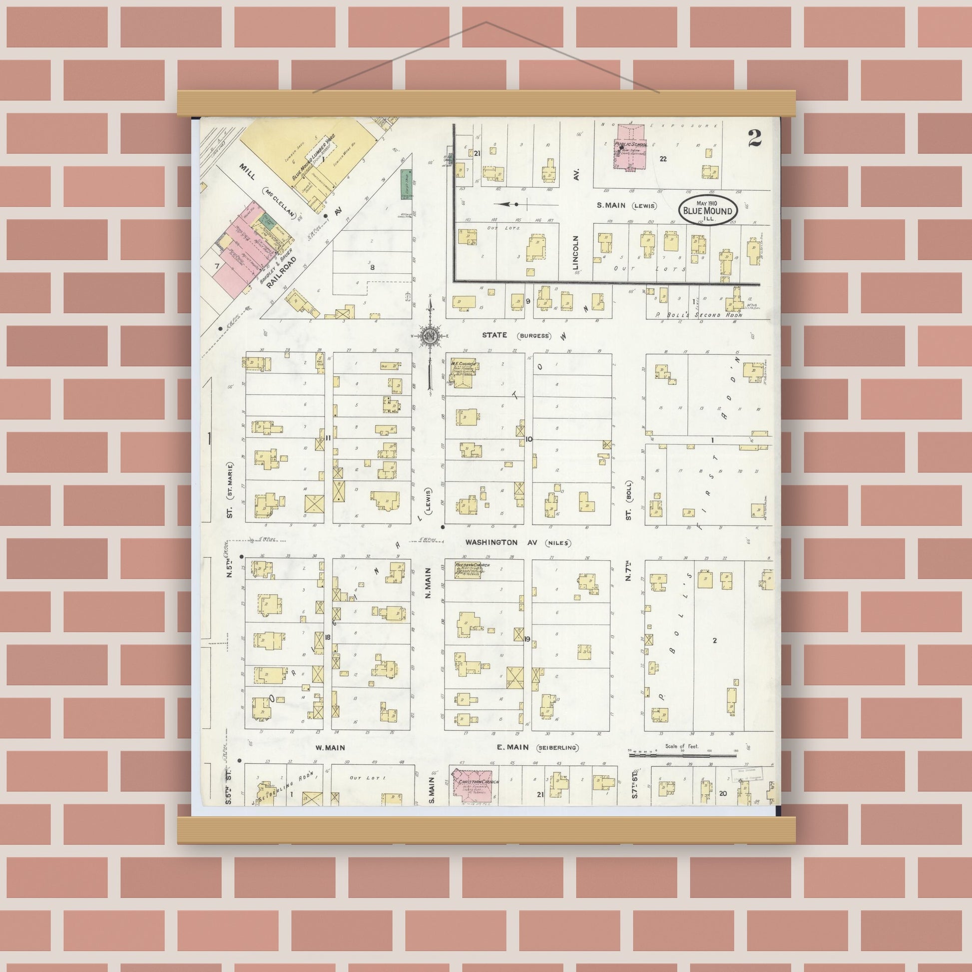 Old map wall art mockup — magnetic wood frame on brick wall — Sanborn Fire Insurance Map from Blue Mound, Macon County, Illinois (1910), Sheet #0002