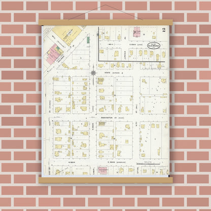 Old map wall art mockup — magnetic wood frame on brick wall — Sanborn Fire Insurance Map from Blue Mound, Macon County, Illinois (1910), Sheet #0002