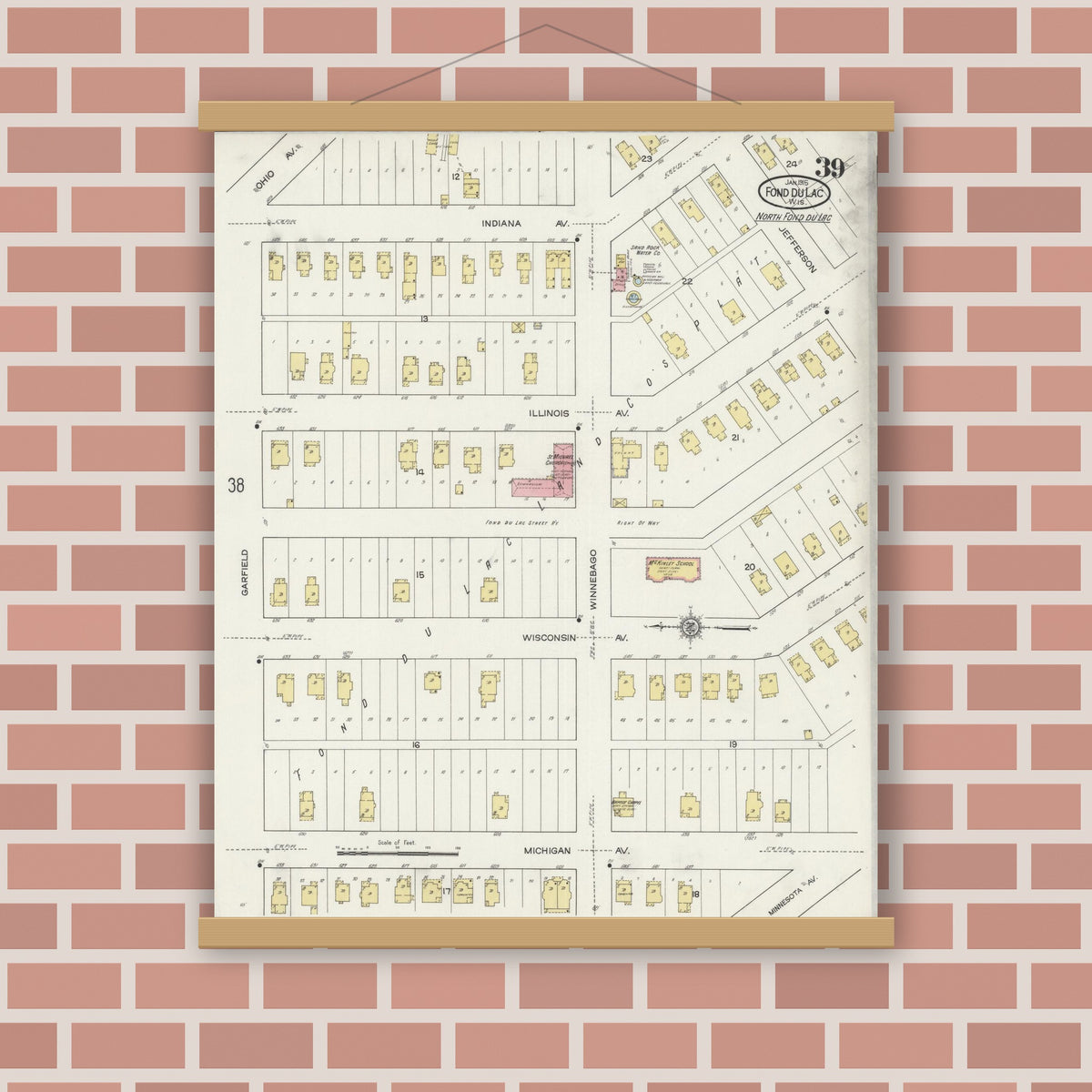 Old map wall art mockup — magnetic wood frame on brick wall — Sanborn Fire Insurance Map from Fond du Lac, Fond du Lac County, Wisconsin (1915), Sheet #0039