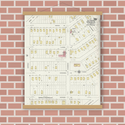 Old map wall art mockup — magnetic wood frame on brick wall — Sanborn Fire Insurance Map from Fond du Lac, Fond du Lac County, Wisconsin (1915), Sheet #0039