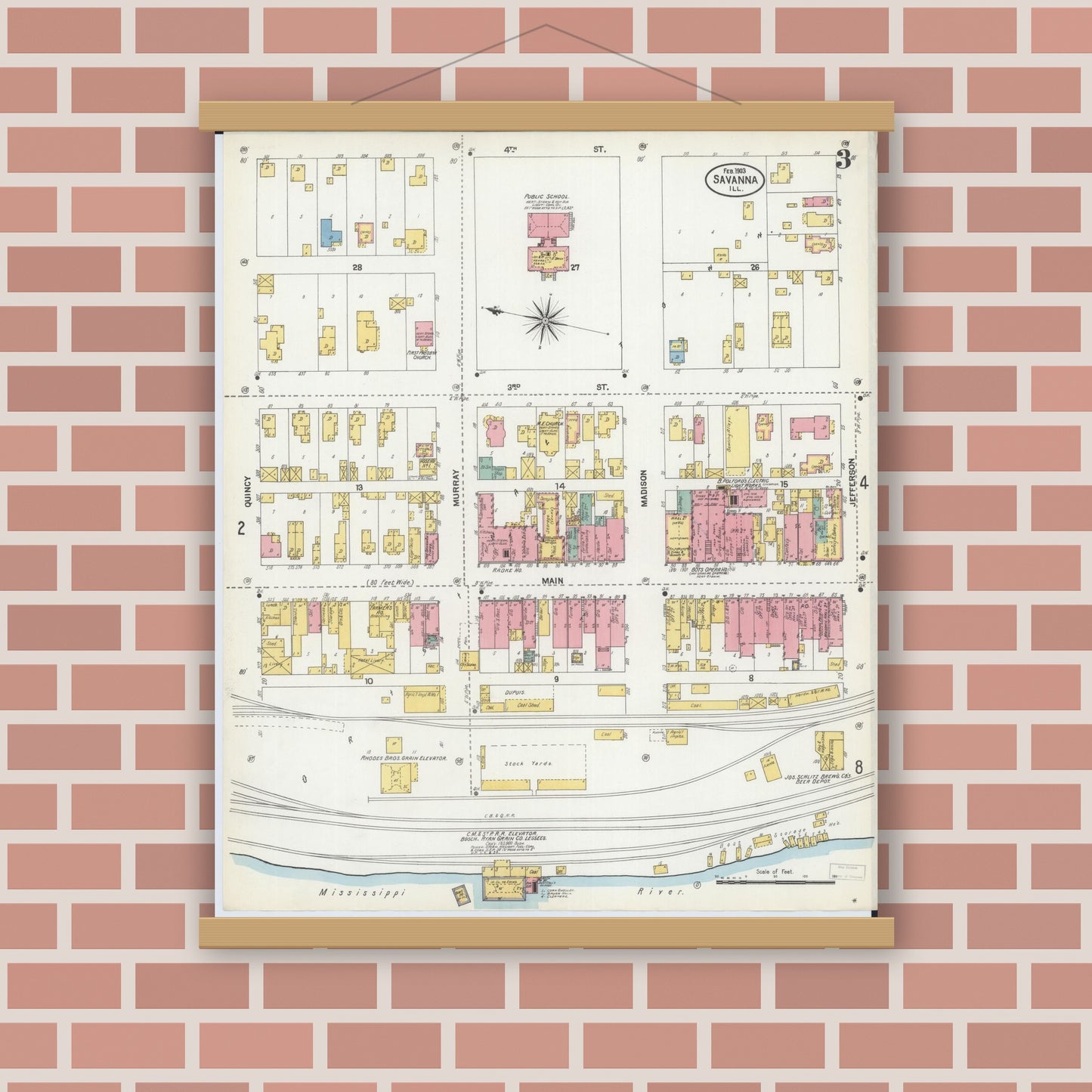 Old map wall art mockup — magnetic wood frame on brick wall — Sanborn Fire Insurance Map from Savanna, Carroll County, Illinois (1903), Sheet #0003