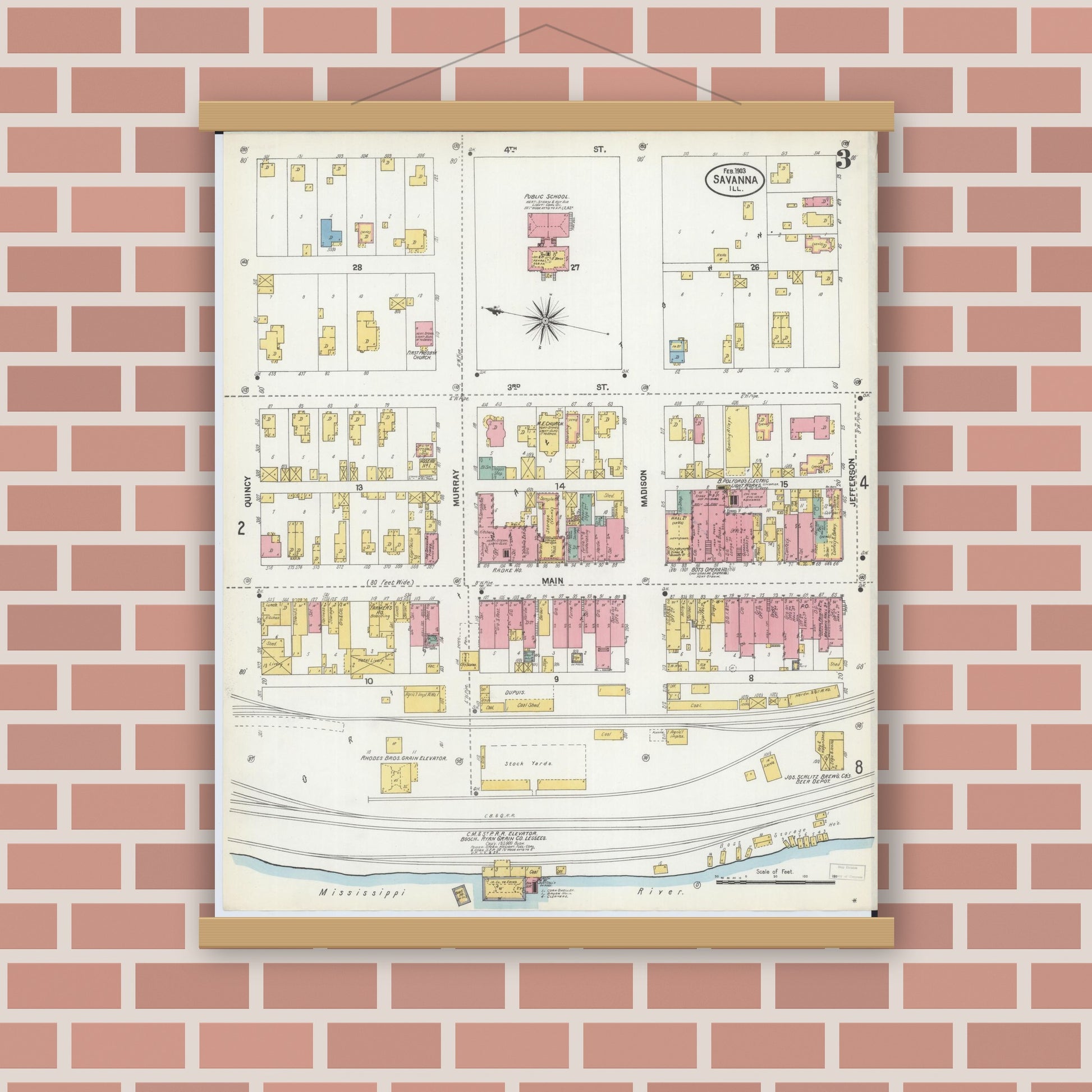 Old map wall art mockup — magnetic wood frame on brick wall — Sanborn Fire Insurance Map from Savanna, Carroll County, Illinois (1903), Sheet #0003