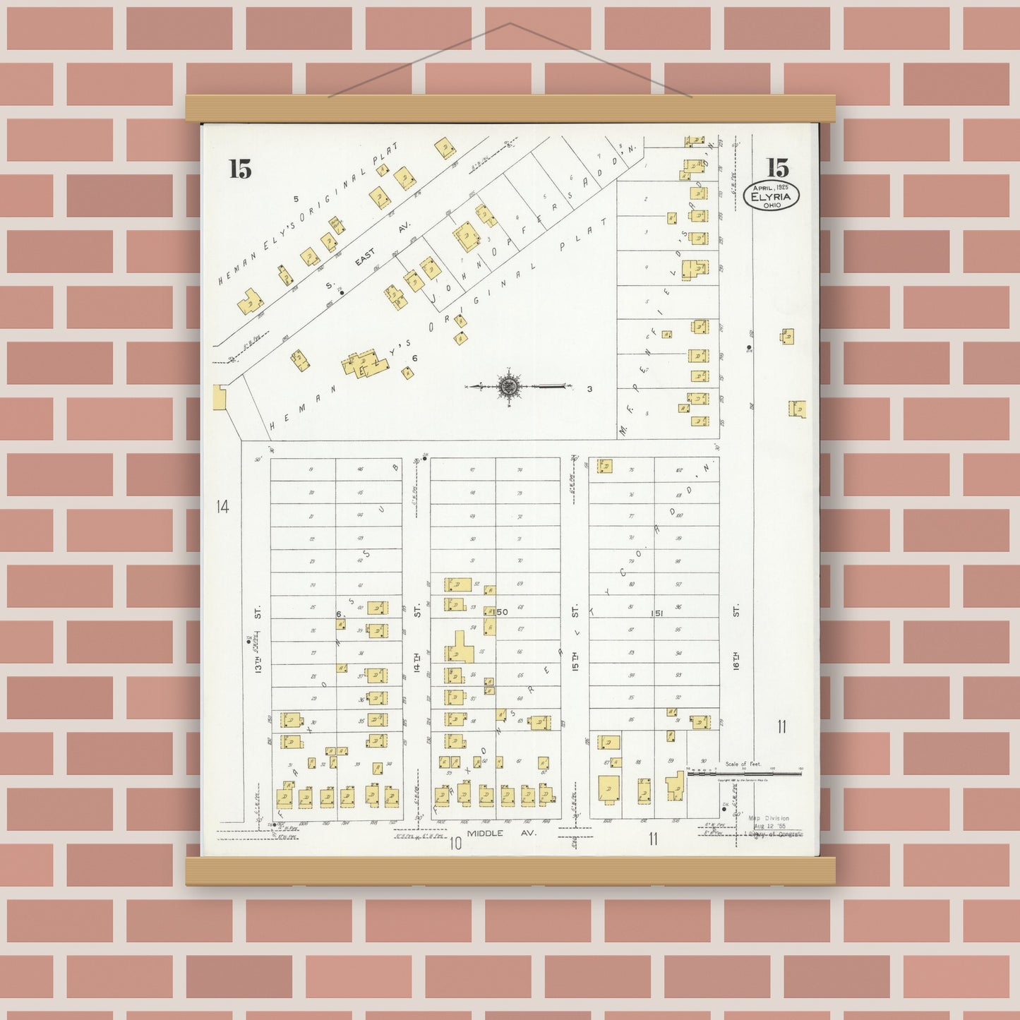 Old map wall art mockup — magnetic wood frame on brick wall — Sanborn Fire Insurance Map from Elyria, Lorain County, Ohio (1925), Sheet #0015