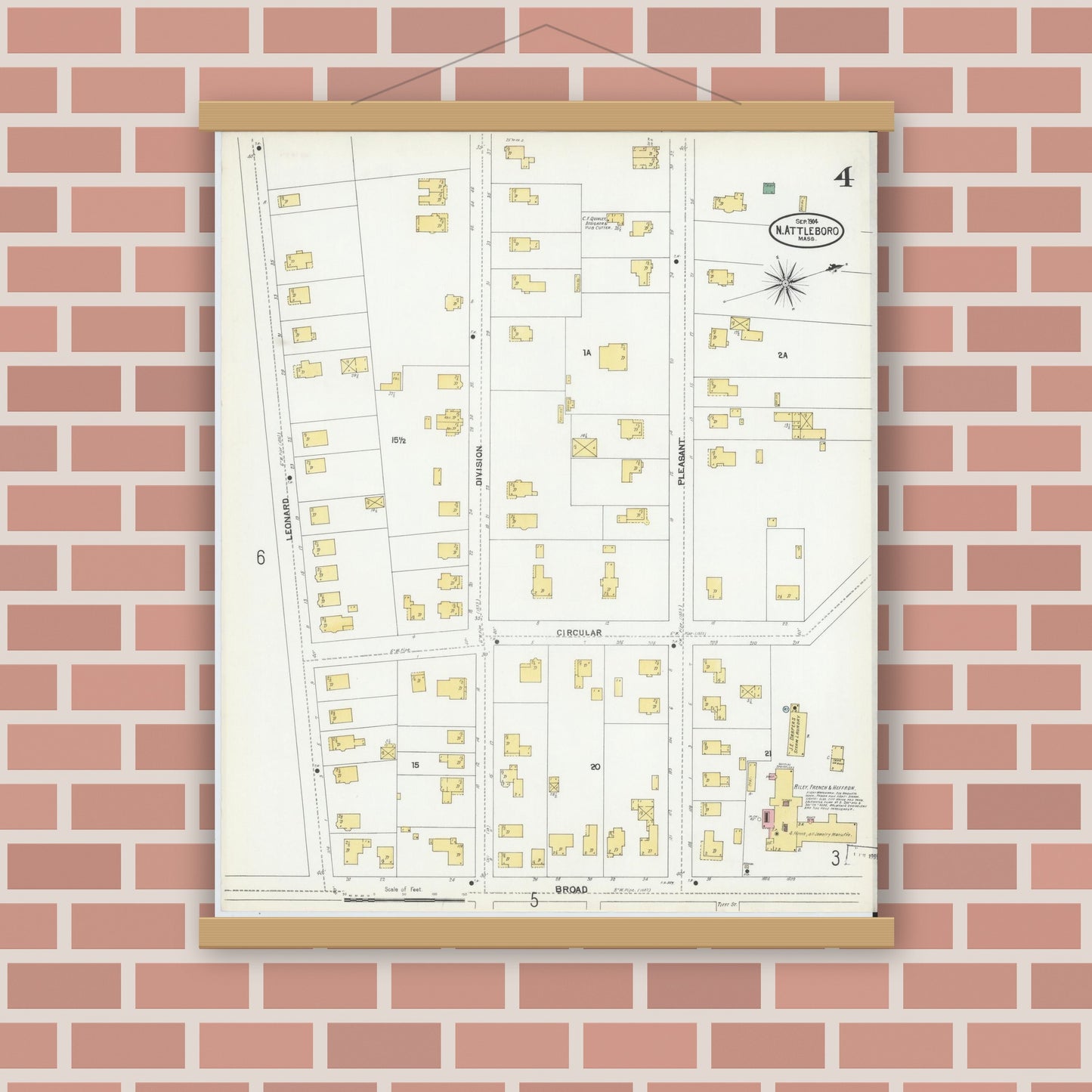 Old map wall art mockup — magnetic wood frame on brick wall — Sanborn Fire Insurance Map from North Attleborough, Bristol County, Massachusetts (1904), Sheet #0004