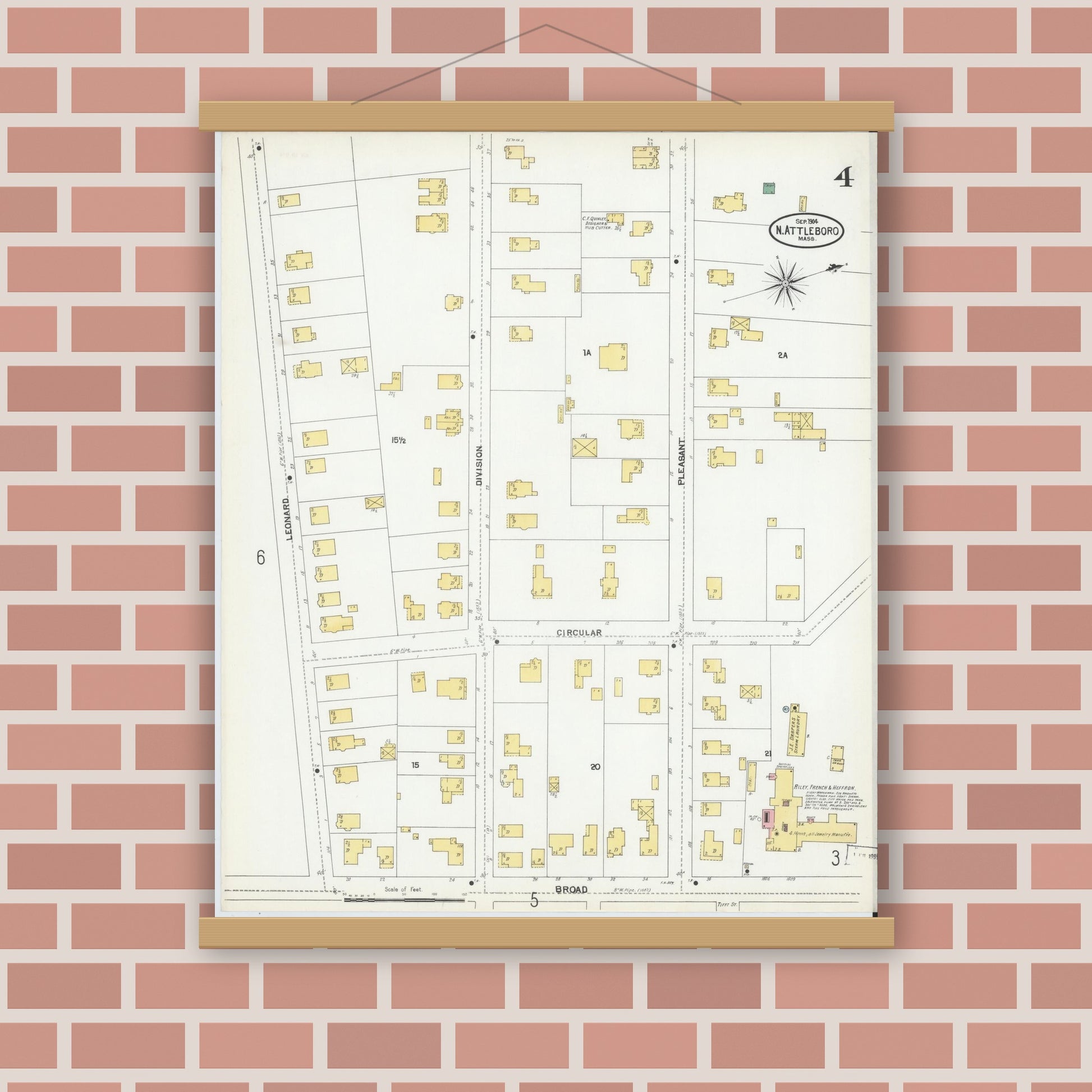 Old map wall art mockup — magnetic wood frame on brick wall — Sanborn Fire Insurance Map from North Attleborough, Bristol County, Massachusetts (1904), Sheet #0004