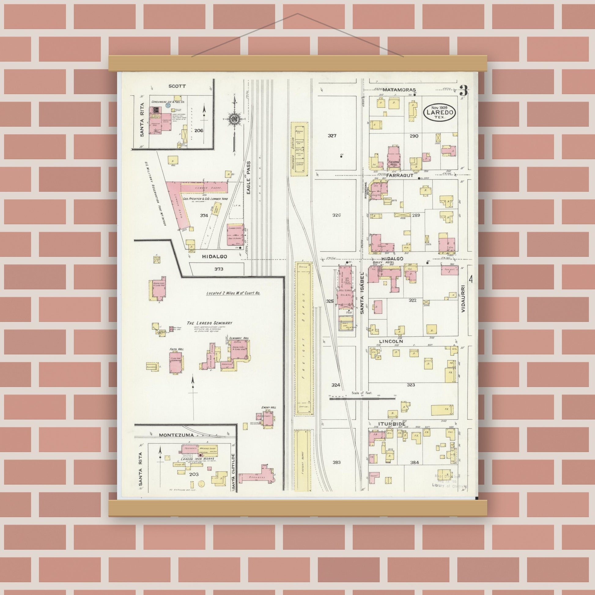 Old map wall art mockup — magnetic wood frame on brick wall — Sanborn Fire Insurance Map from Laredo, Webb County, Texas (1909), Sheet #0003