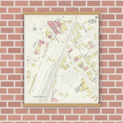 Old map wall art mockup — magnetic wood frame on brick wall — Sanborn Fire Insurance Map from Lock Haven, Clinton County, Pennsylvania (1896), Sheet #0009