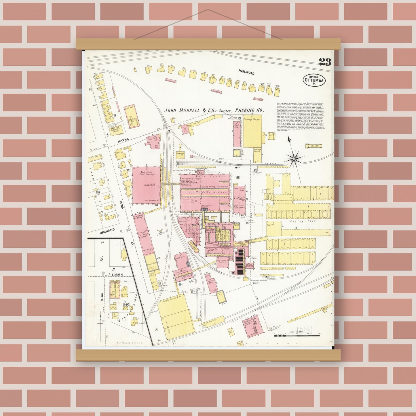 Old map wall art mockup — magnetic wood frame on brick wall — Sanborn Fire Insurance Map from Ottumwa, Wapello County, Iowa (1902), Sheet #0023