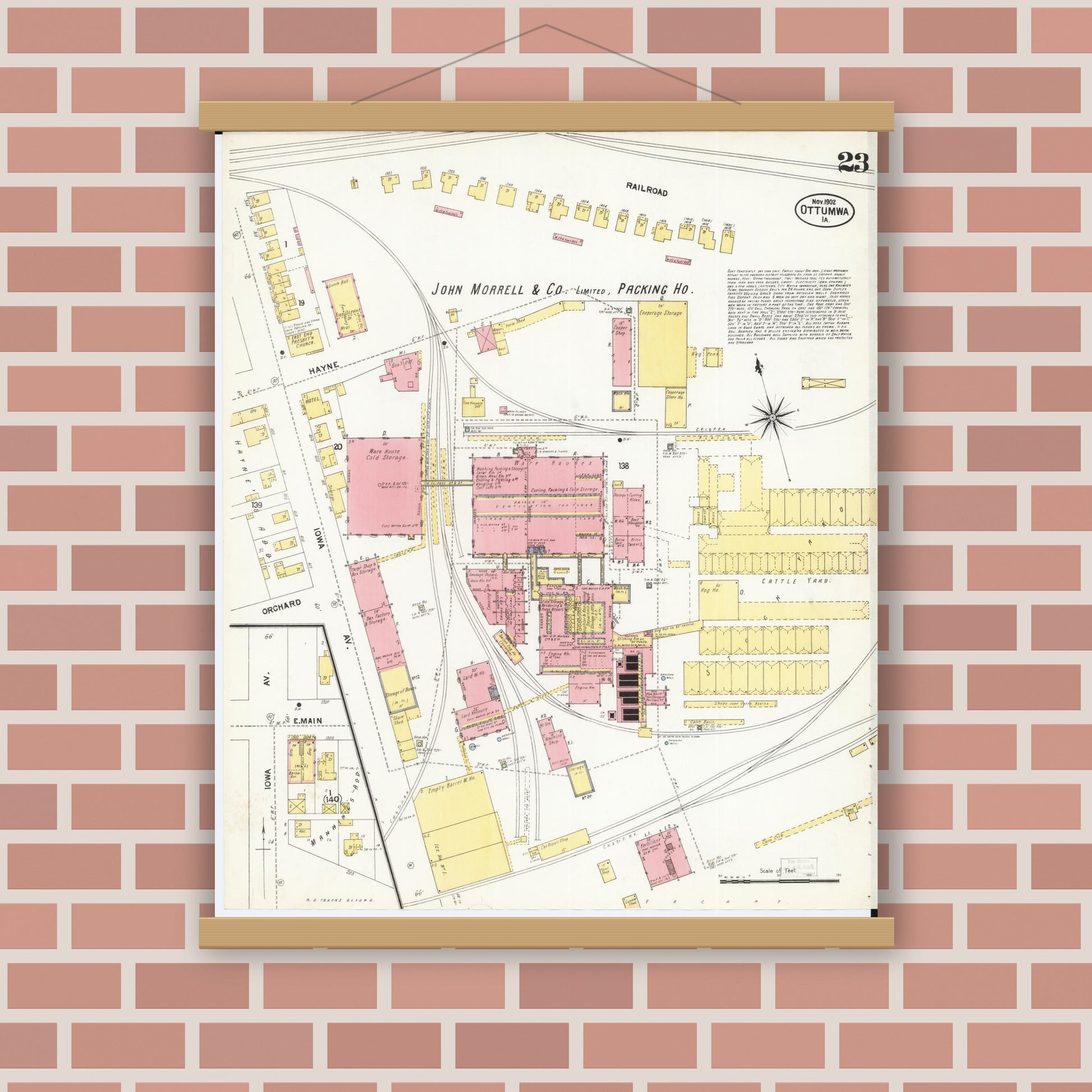 Old map wall art mockup — magnetic wood frame on brick wall — Sanborn Fire Insurance Map from Ottumwa, Wapello County, Iowa (1902), Sheet #0023