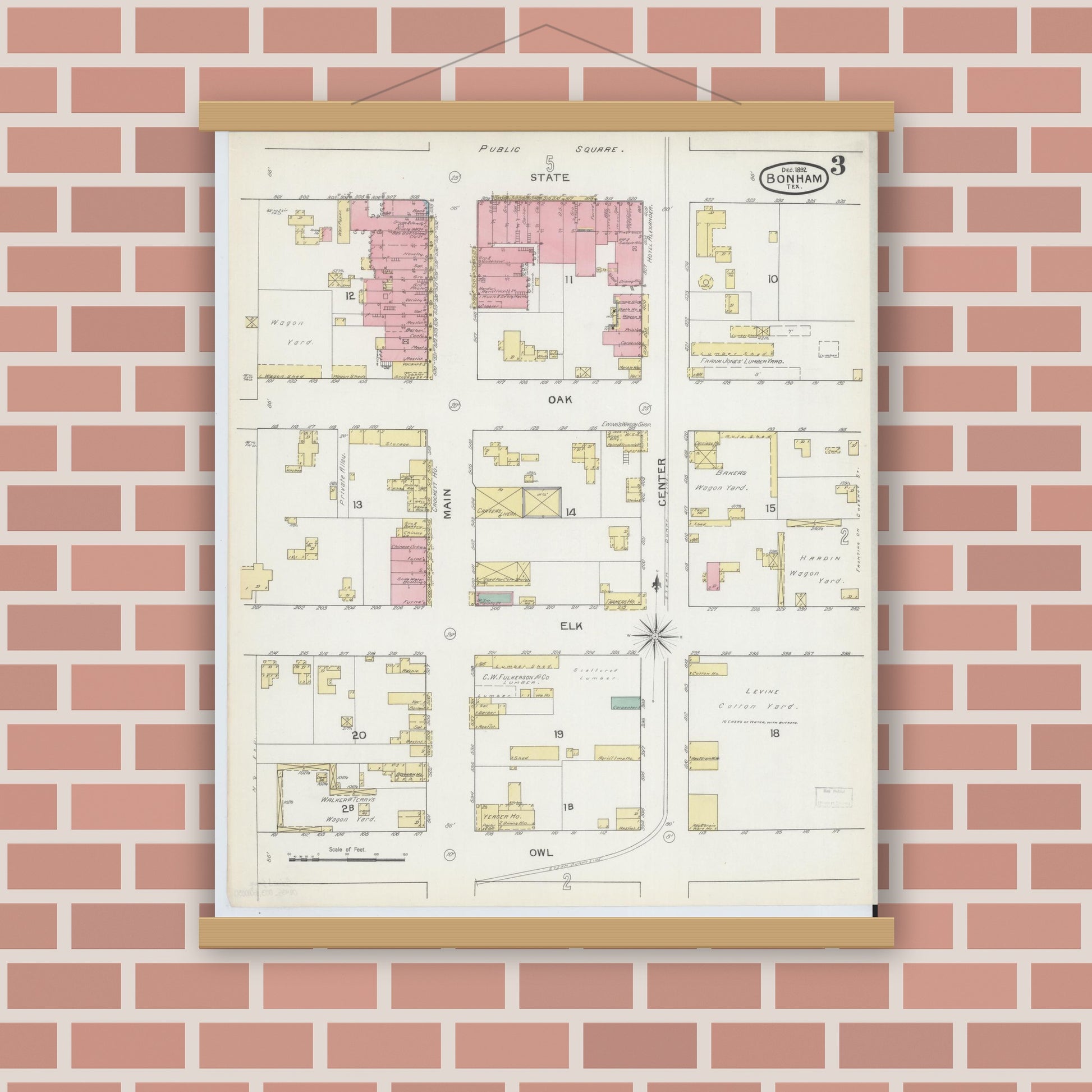 Old map wall art mockup — magnetic wood frame on brick wall — Sanborn Fire Insurance Map from Bonham, Fannin County, Texas (1892), Sheet #0003