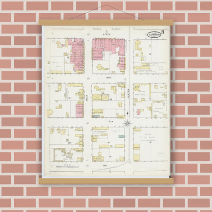 Old map wall art mockup — magnetic wood frame on brick wall — Sanborn Fire Insurance Map from Bonham, Fannin County, Texas (1892), Sheet #0003