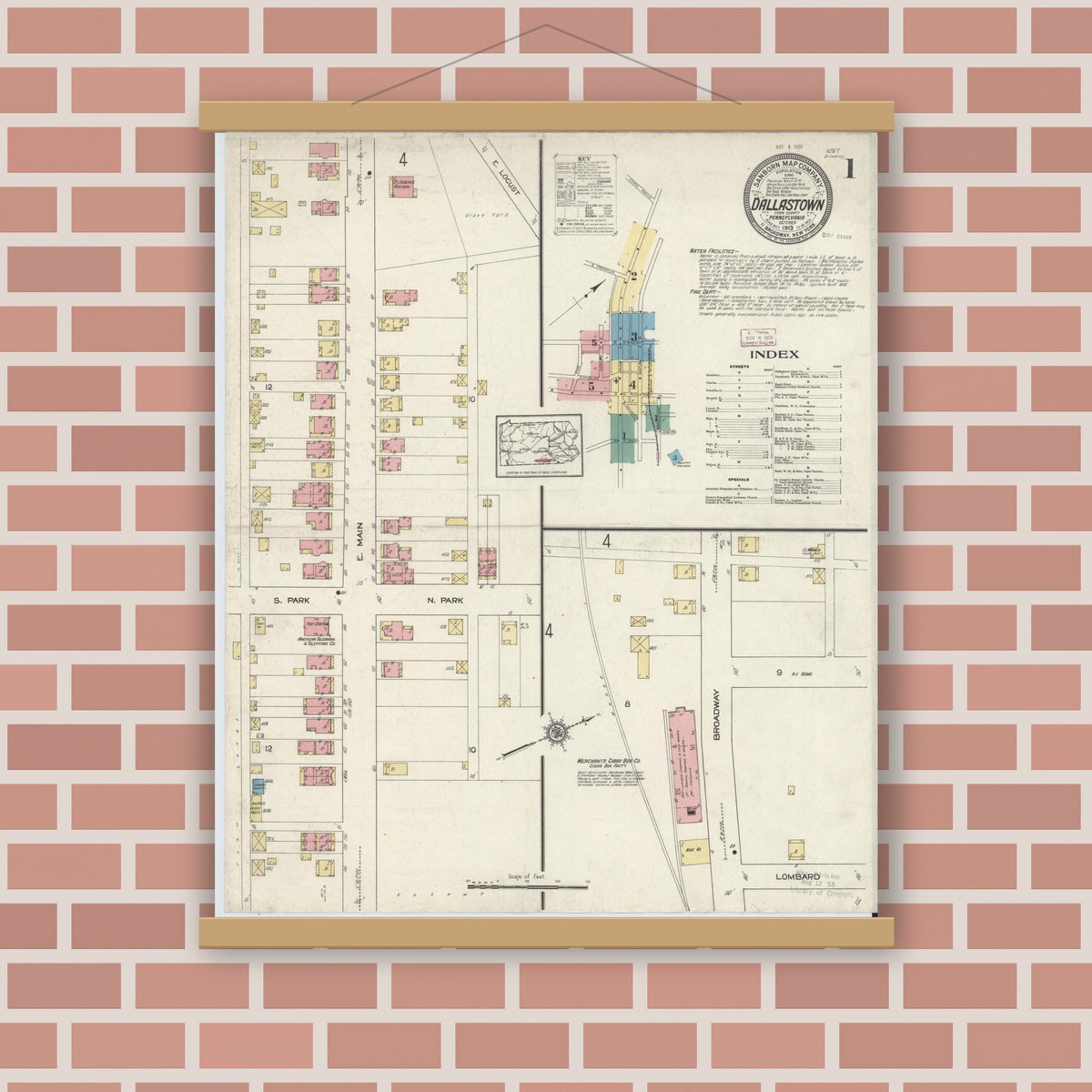 Old map wall art mockup — magnetic wood frame on brick wall — Sanborn Fire Insurance Map from Dallastown, York County, Pennsylvania (1913) - Complete Map Set