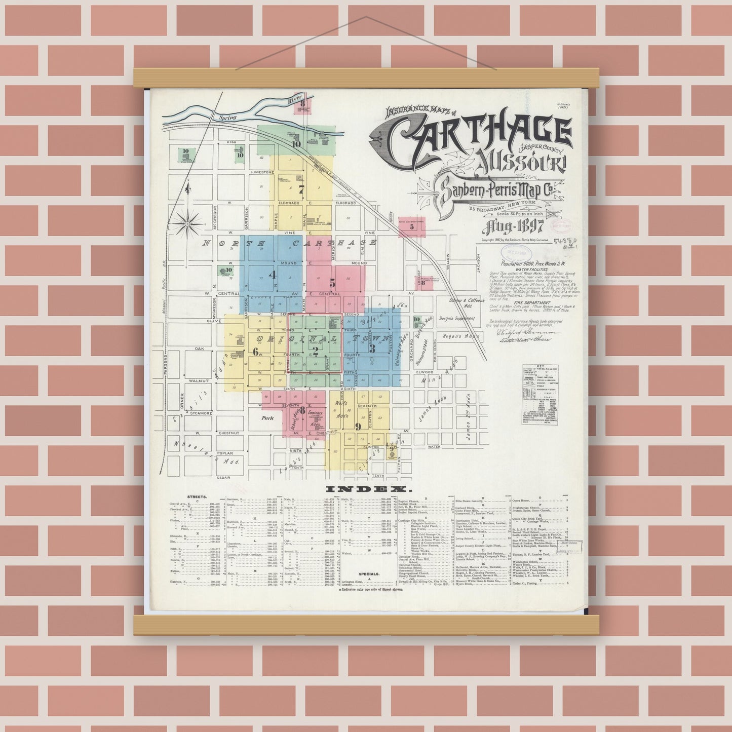 Old map wall art mockup — magnetic wood frame on brick wall — Sanborn Fire Insurance Map from Carthage, Jasper County, Missouri (1897) - Complete Map Set
