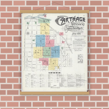 Old map wall art mockup — magnetic wood frame on brick wall — Sanborn Fire Insurance Map from Carthage, Jasper County, Missouri (1897) - Complete Map Set
