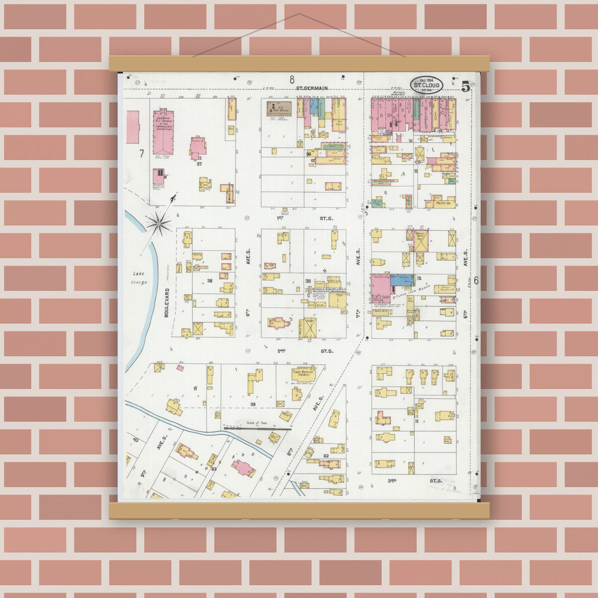 Old map wall art mockup — magnetic wood frame on brick wall — Sanborn Fire Insurance Map from Saint Cloud, Stearns, Benton, and Sherburne Counties, Minnesota (1904), Sheet #0005