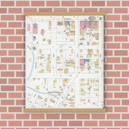 Old map wall art mockup — magnetic wood frame on brick wall — Sanborn Fire Insurance Map from Saint Cloud, Stearns, Benton, and Sherburne Counties, Minnesota (1904), Sheet #0005