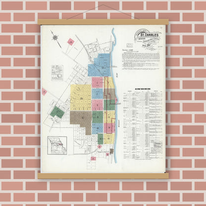 Old map wall art mockup — magnetic wood frame on brick wall — Sanborn Fire Insurance Map from Saint Charles, Saint Charles County, Missouri (1917), Sheet #0001