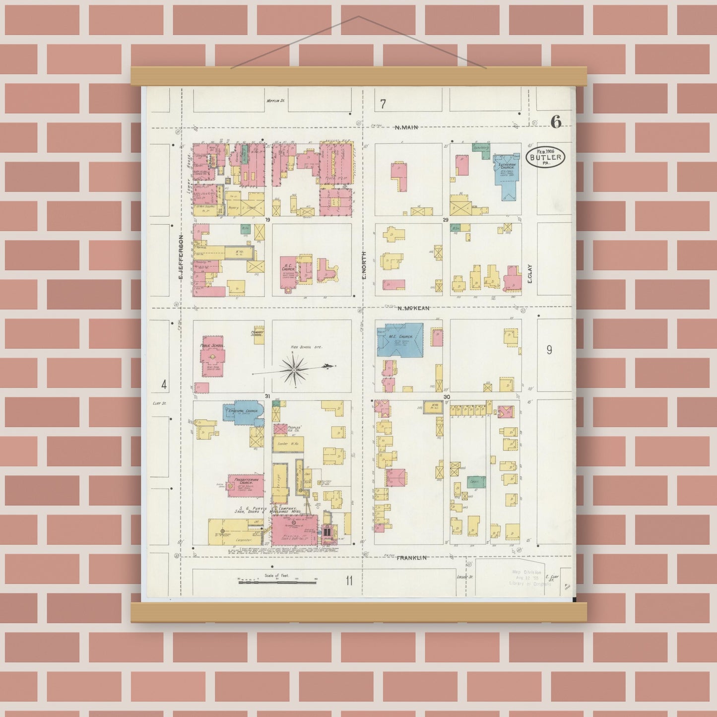 Old map wall art mockup — magnetic wood frame on brick wall — Sanborn Fire Insurance Map from Butler, Butler County, Pennsylvania (1906), Sheet #0006