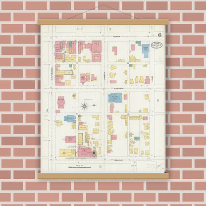Old map wall art mockup — magnetic wood frame on brick wall — Sanborn Fire Insurance Map from Butler, Butler County, Pennsylvania (1906), Sheet #0006