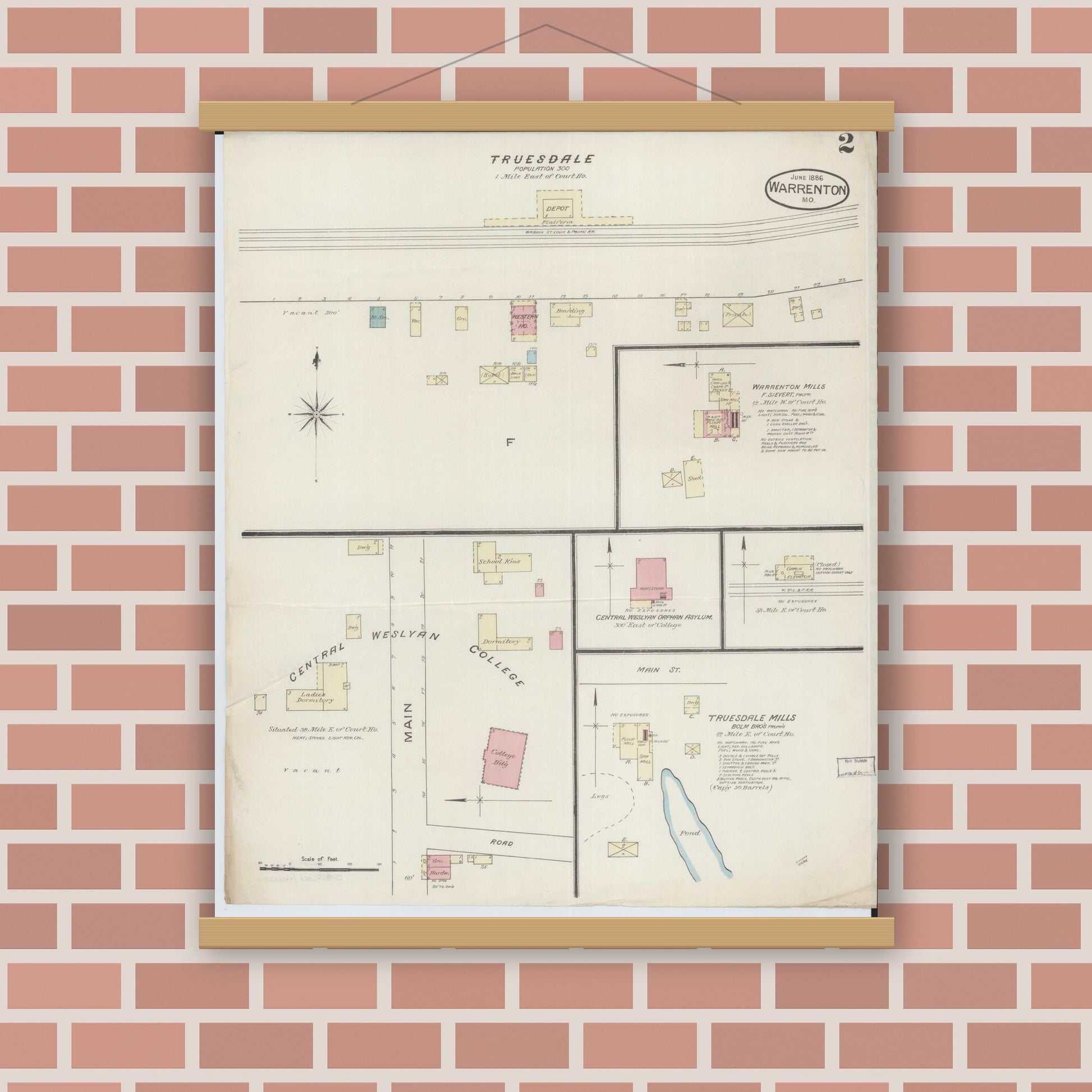 Old map wall art mockup — magnetic wood frame on brick wall — Sanborn Fire Insurance Map from Warrenton, Warren County, Missouri (1886), Sheet #0002