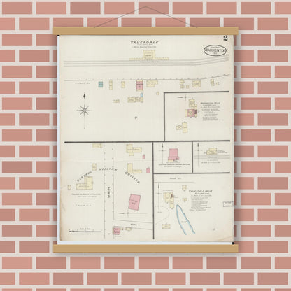 Old map wall art mockup — magnetic wood frame on brick wall — Sanborn Fire Insurance Map from Warrenton, Warren County, Missouri (1886), Sheet #0002