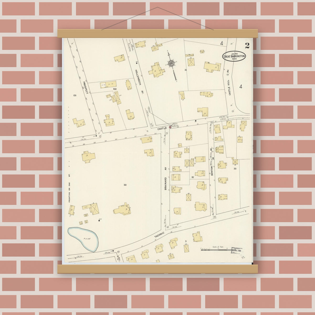 Old map wall art mockup — magnetic wood frame on brick wall — Sanborn Fire Insurance Map from Great Barrington, Berkshire County, Massachusetts (1912), Sheet #0002