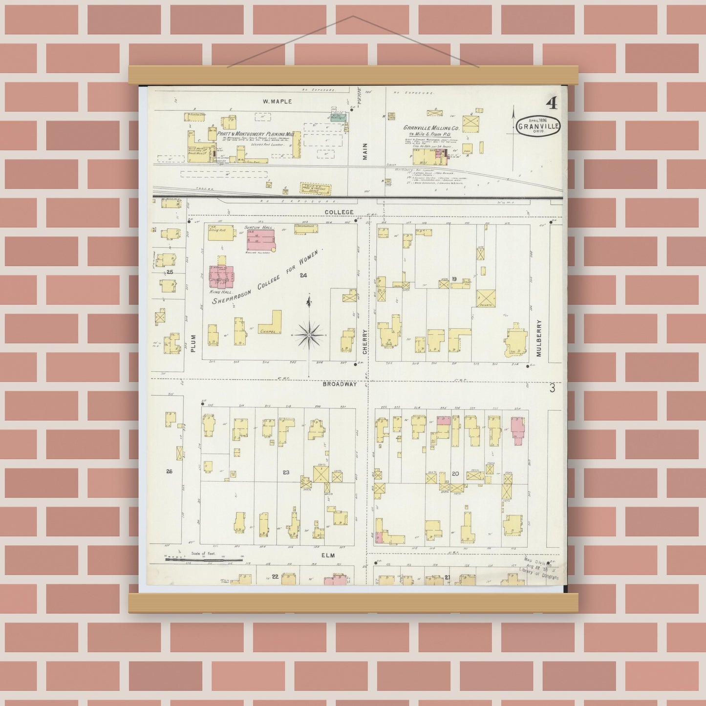 Old map wall art mockup — magnetic wood frame on brick wall — Sanborn Fire Insurance Map from Granville, Licking County, Ohio (1896), Sheet #0004