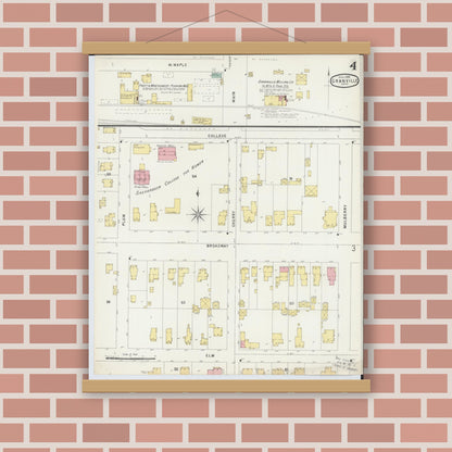 Old map wall art mockup — magnetic wood frame on brick wall — Sanborn Fire Insurance Map from Granville, Licking County, Ohio (1896), Sheet #0004