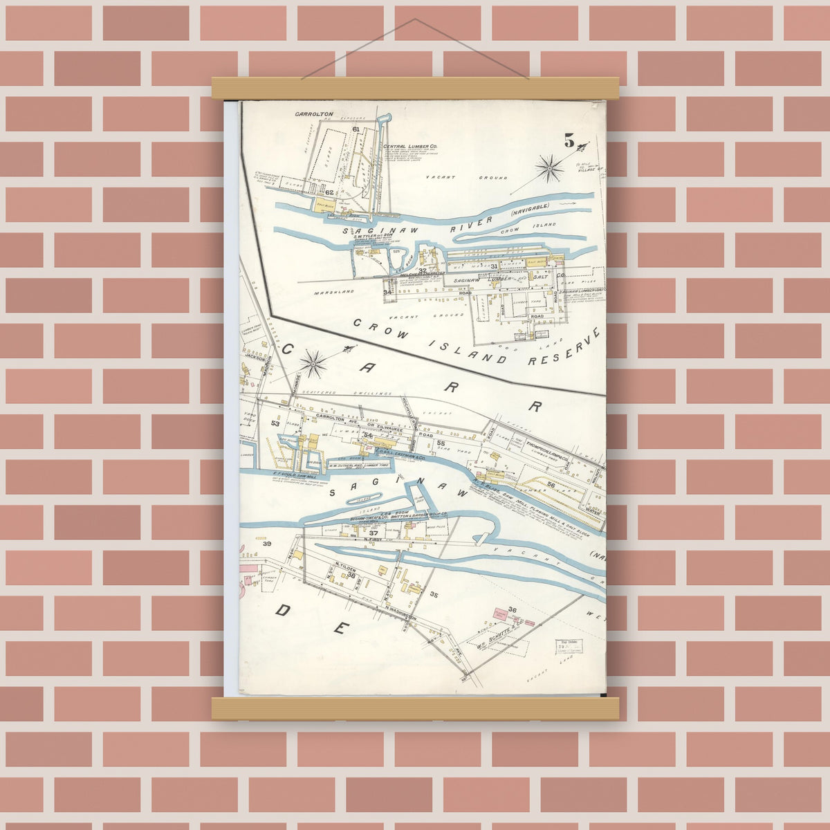 Old map wall art mockup — magnetic wood frame on brick wall — Sanborn Fire Insurance Map from Saginaw, Saginaw County, Michigan (1895), Sheet #0005