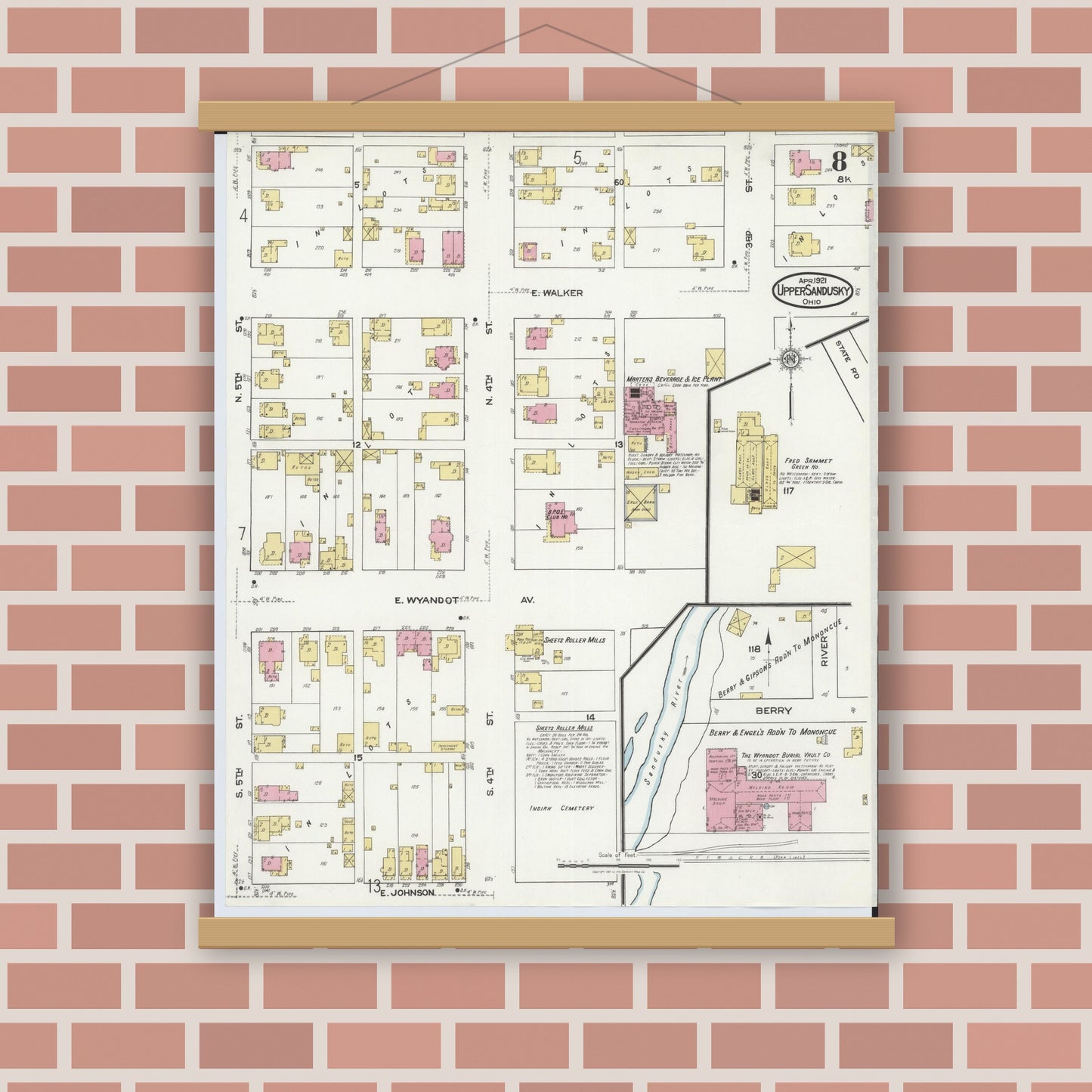 Old map wall art mockup — magnetic wood frame on brick wall — Sanborn Fire Insurance Map from Upper Sandusky, Wyandot County, Ohio (1921), Sheet #0008
