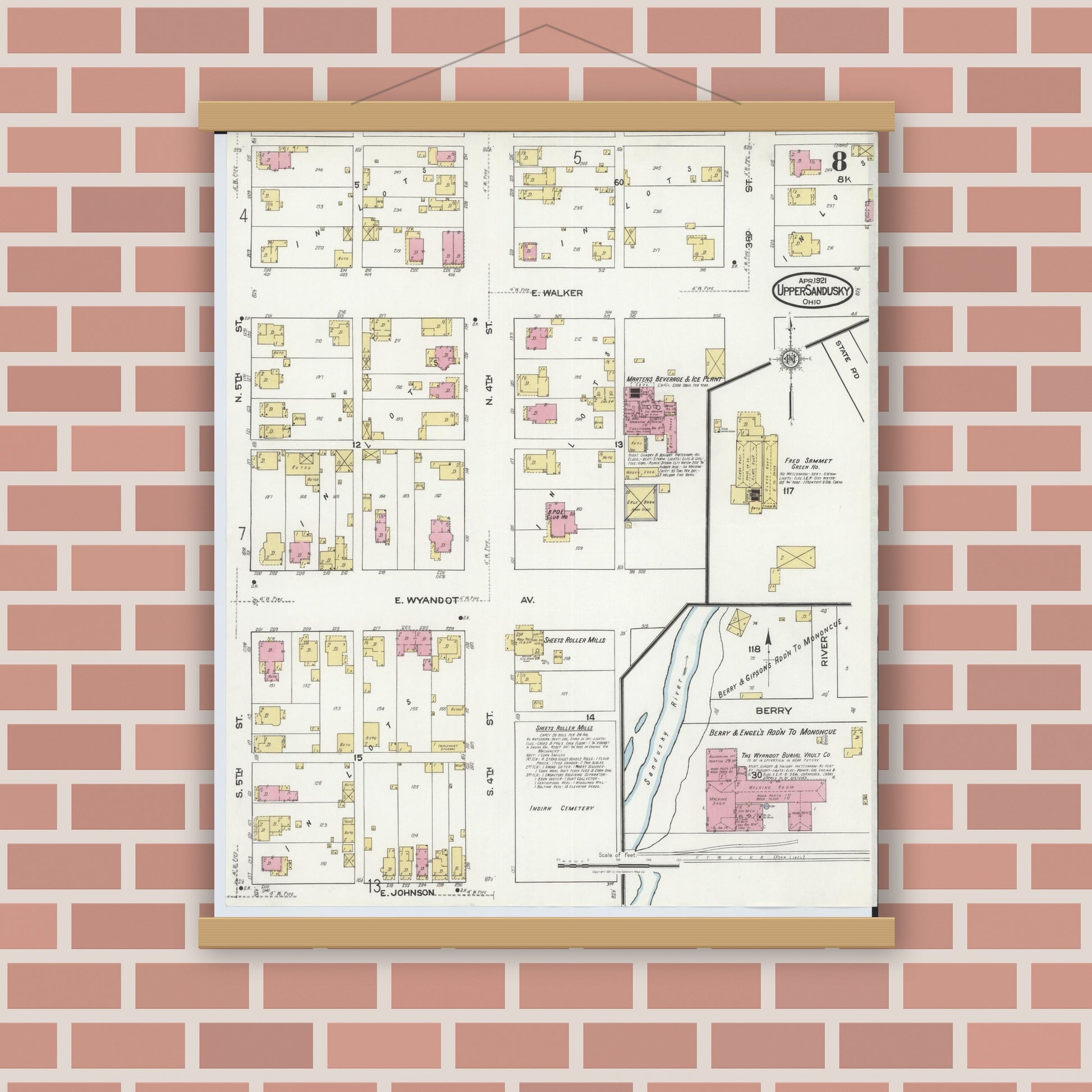 Old map wall art mockup — magnetic wood frame on brick wall — Sanborn Fire Insurance Map from Upper Sandusky, Wyandot County, Ohio (1921), Sheet #0008