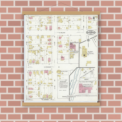 Old map wall art mockup — magnetic wood frame on brick wall — Sanborn Fire Insurance Map from Upper Sandusky, Wyandot County, Ohio (1921), Sheet #0008