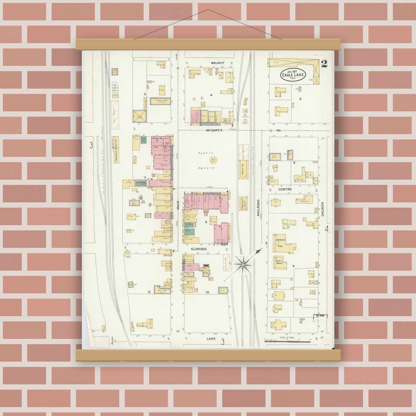 Old map wall art mockup — magnetic wood frame on brick wall — Sanborn Fire Insurance Map from Eagle Lake, Colorado County, Texas (1907), Sheet #0002